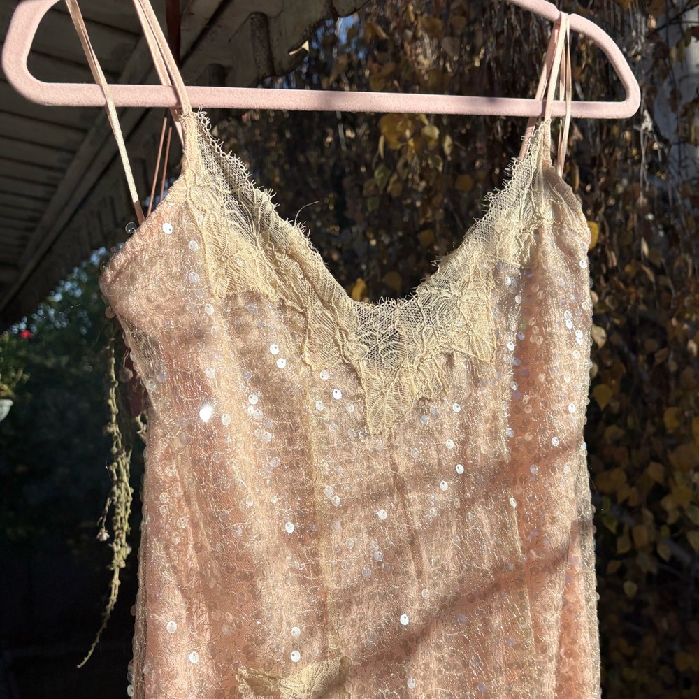Anthropologie Pink Sequin Lace Dress